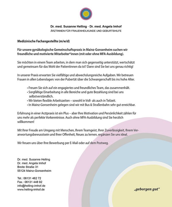 Praxis Dres. Helling und Imhof - Stellenangebot 11.11.2025 Praxis Dres. Helling und Imhof - Stellenangebot 11.11.2025